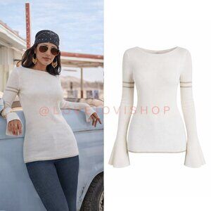 Retro Luxe | Frame Fine Knit Long Crew Neck w Flare Sleeve & Metallic Stripes